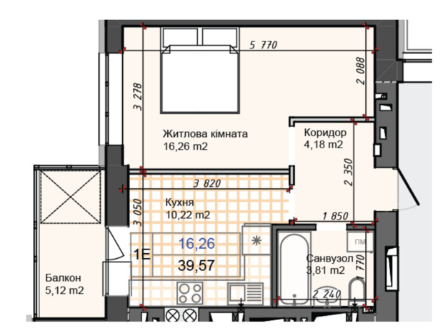 ЖК Олимп: планировка 1-комнатной квартиры 38.17 м²