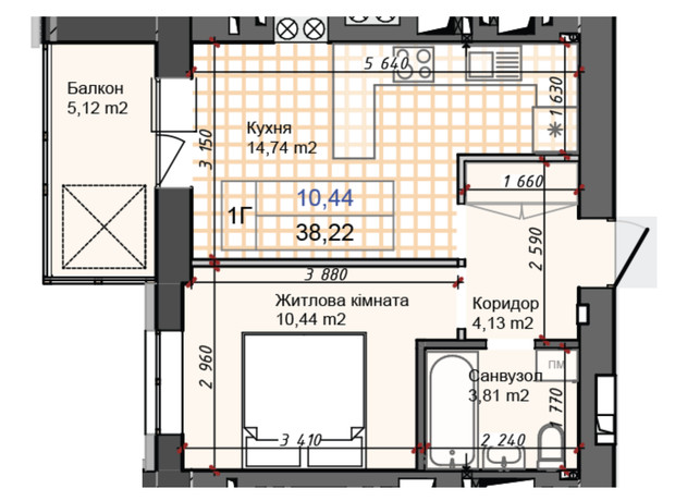 ЖК Олимп: планировка 1-комнатной квартиры 38.75 м²