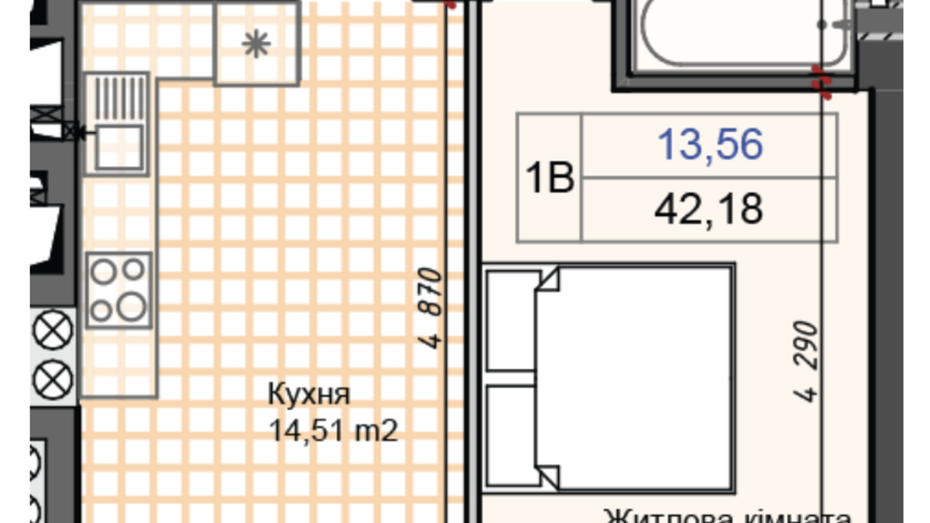Планування 1-кімнатної квартири в ЖК Олімп 42.18 м², фото 622702