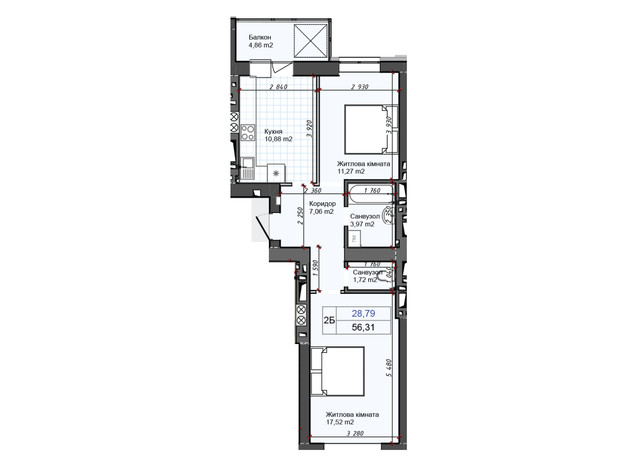 ЖК Олимп: планировка 2-комнатной квартиры 56.1 м²