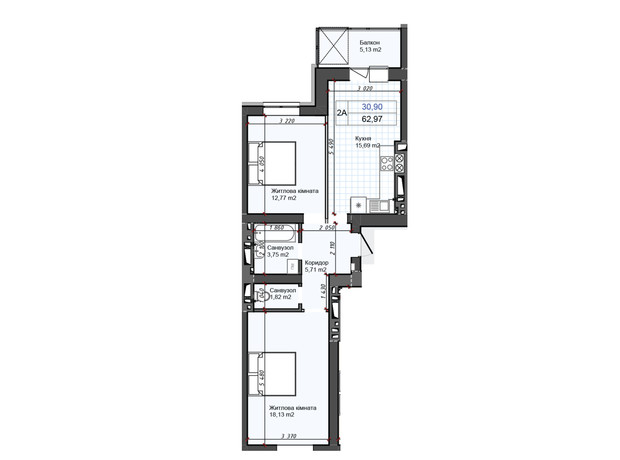 ЖК Олимп: планировка 2-комнатной квартиры 62.06 м²