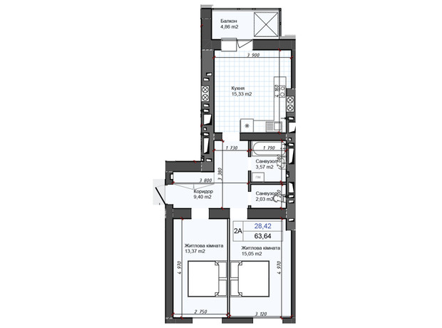 ЖК Олімп: планування 2-кімнатної квартири 62.86 м²