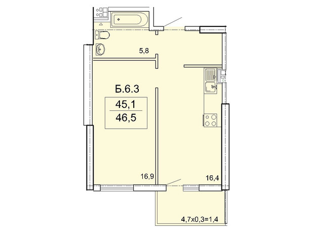 ЖК Акрополь: планування 1-кімнатної квартири 46.5 м²