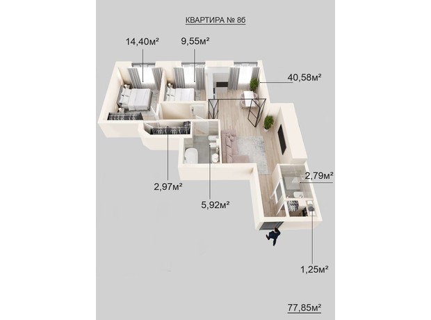 Клубний будинок Donjon: планування 3-кімнатної квартири 77.85 м²