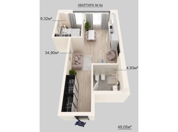 Клубний будинок Donjon: планування 2-кімнатної квартири 49.05 м²