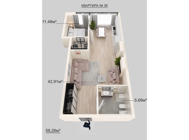 Клубний будинок Donjon: планування 2-кімнатної квартири 59.28 м²