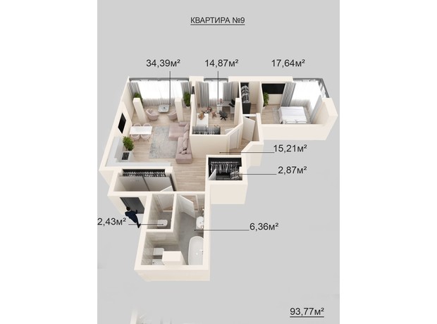 Клубный дом Donjon: планировка 3-комнатной квартиры 93.77 м²