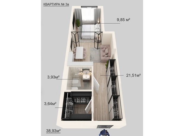 Клубный дом Donjon: планировка 1-комнатной квартиры 38.93 м²
