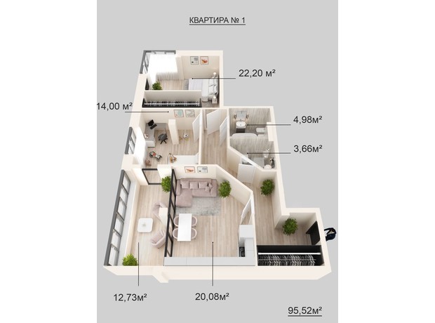 Клубный дом Donjon: планировка 3-комнатной квартиры 96.52 м²