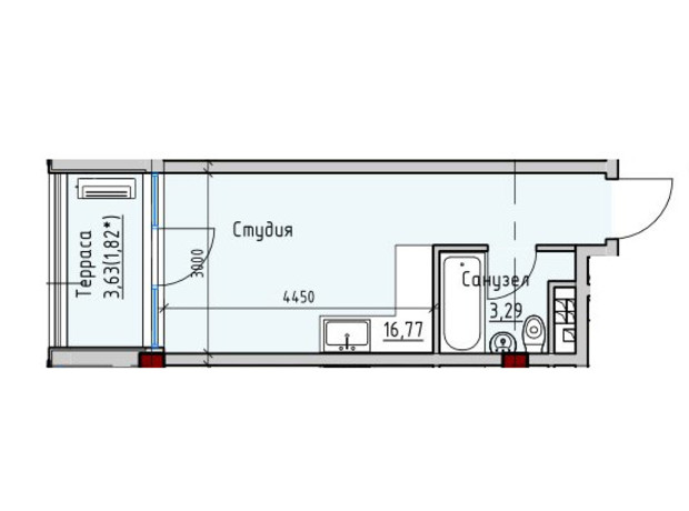 ЖК Пространство на Софіївській: планування 1-кімнатної квартири 21.87 м²