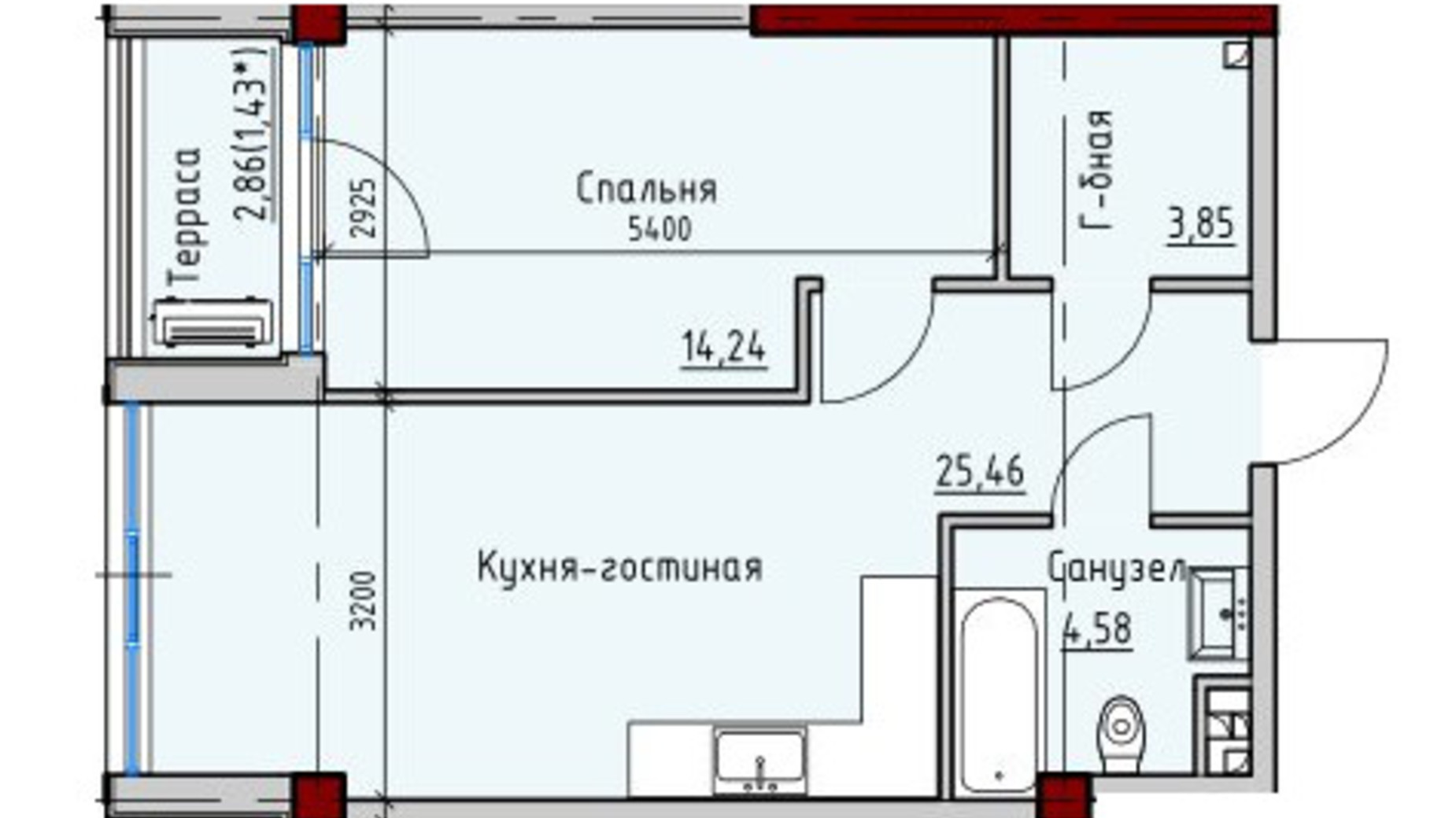 Планування 1-кімнатної квартири в ЖК Пространство на Софіївській 49.56 м², фото 623289