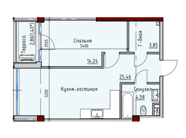 ЖК Пространство на Софіївській: планування 1-кімнатної квартири 49.56 м²