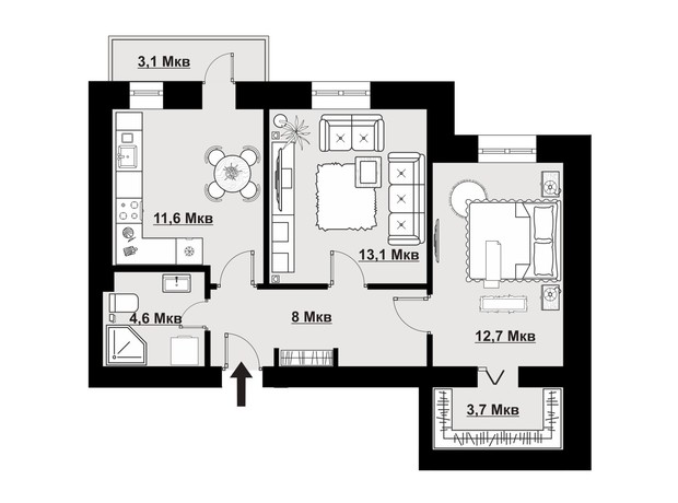 ЖК Comfort House: планировка 2-комнатной квартиры 56.8 м²