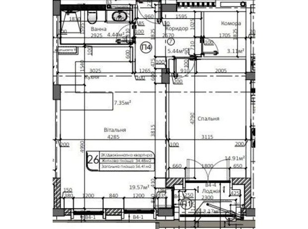 ЖК Маямі: планування 1-кімнатної квартири 56.41 м²