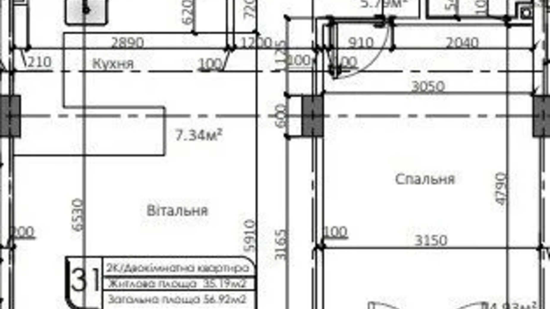 Планування 1-кімнатної квартири в ЖК Маямі 56.92 м², фото 623319