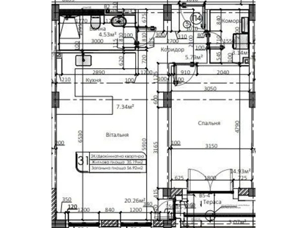 ЖК Маямі: планування 1-кімнатної квартири 56.92 м²