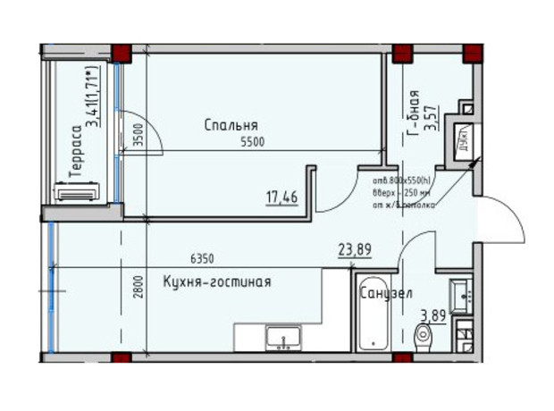 ЖК Пространство на Софіївській: планування 1-кімнатної квартири 50.52 м²