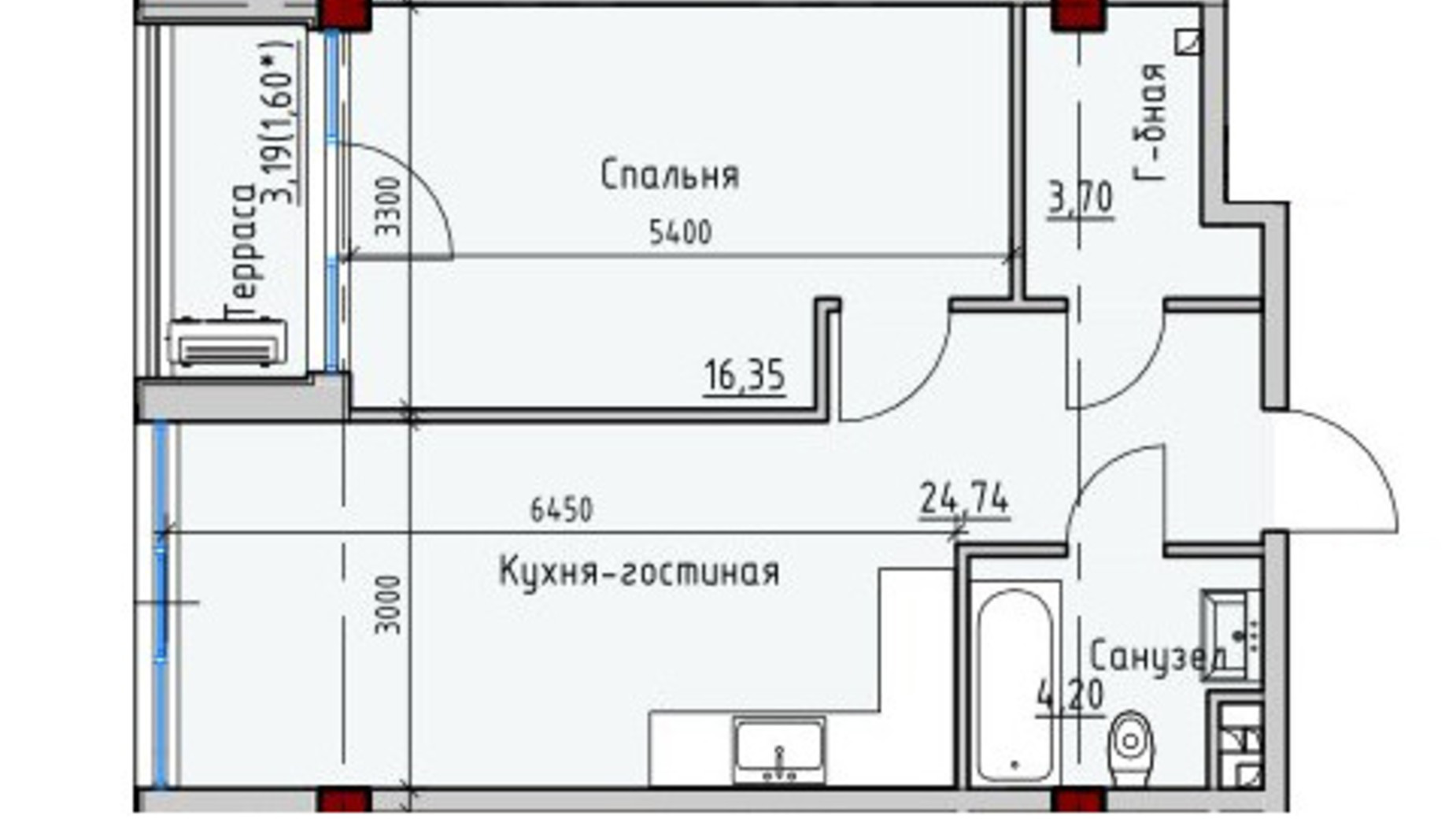 Планування 1-кімнатної квартири в ЖК Пространство на Софіївській 50.59 м², фото 623384