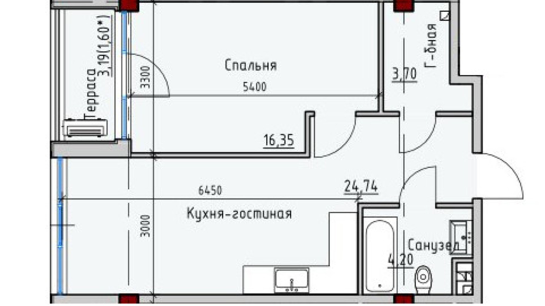 Планировка 1-комнатной квартиры в ЖК Пространство на Софиевской 50.59 м², фото 623384