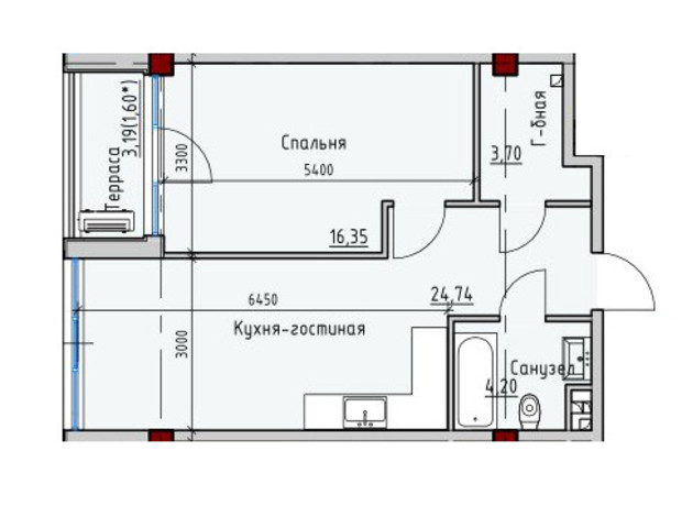 ЖК Пространство на Софиевской: планировка 1-комнатной квартиры 50.59 м²