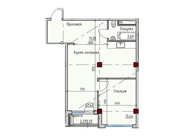 ЖК ITown: планування 1-кімнатної квартири 57.2 м²