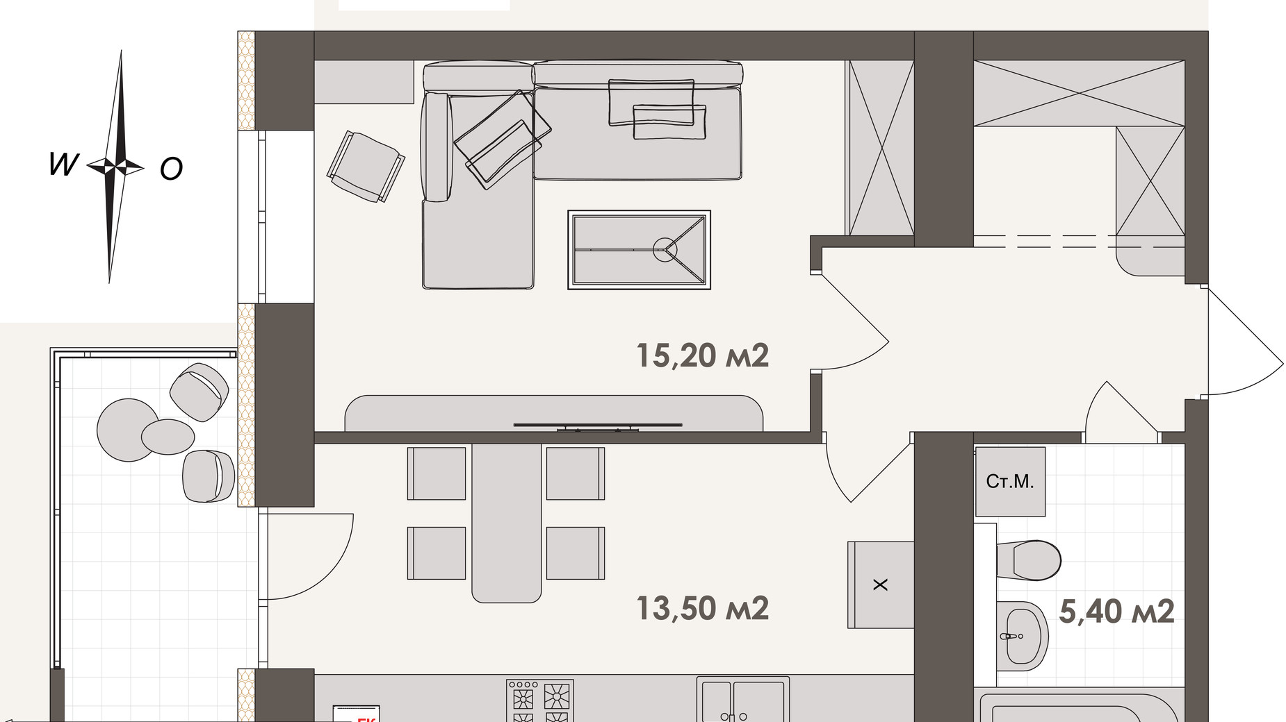 Планировка 1-комнатной квартиры в ЖК Зоря 2 44.5 м², фото 623517