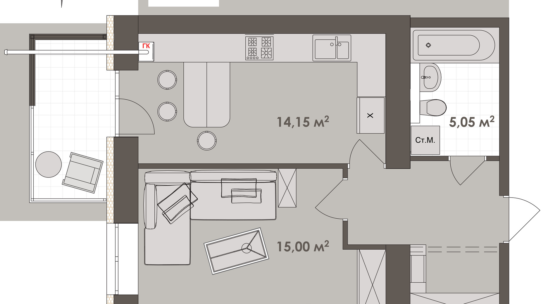 Планировка 1-комнатной квартиры в ЖК Зоря 2 44.9 м², фото 623519