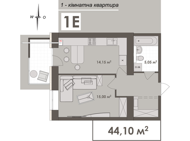 ЖК Зоря 2: планировка 1-комнатной квартиры 44.9 м²