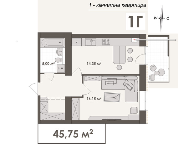 ЖК Зоря 2: планировка 1-комнатной квартиры 46.65 м²