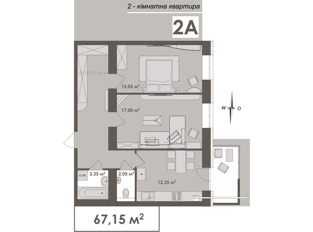 ЖК Зоря 2: планировка 2-комнатной квартиры 69.15 м²