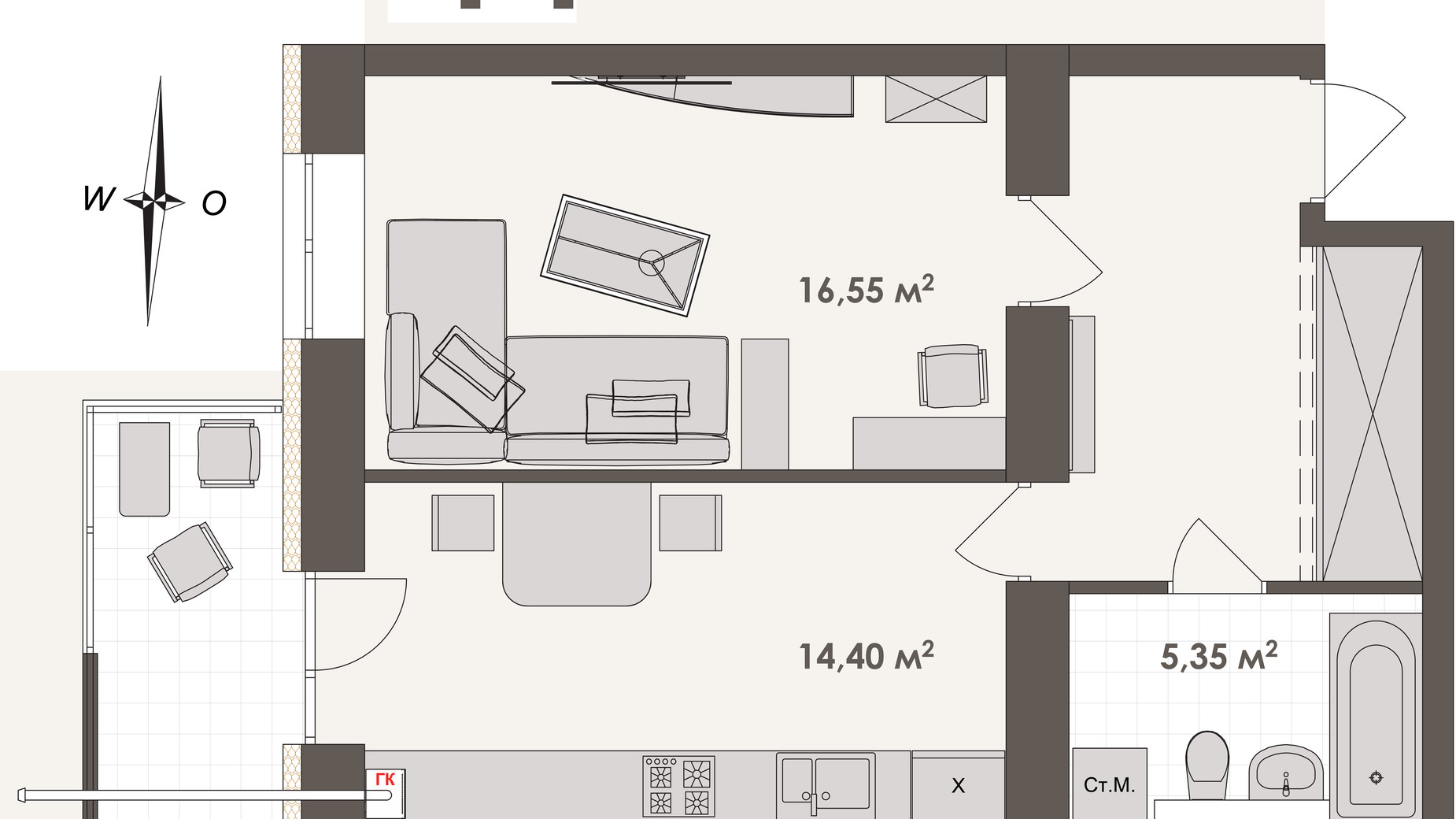 Планировка 1-комнатной квартиры в ЖК Зоря 2 48.15 м², фото 623522