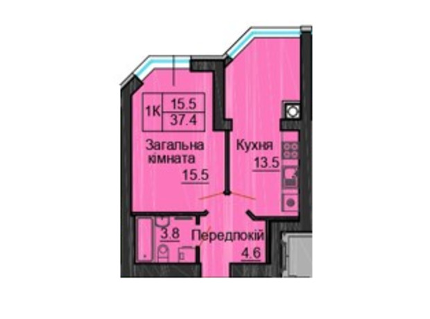 ЖК Sofia Nova: планировка 1-комнатной квартиры 37.4 м²