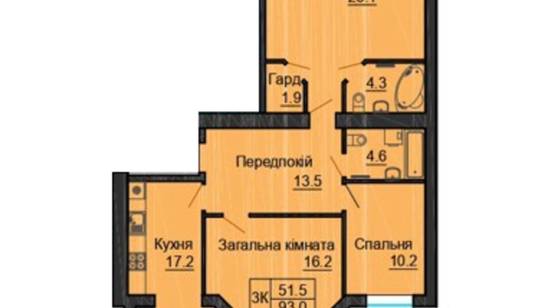 Планировка 3-комнатной квартиры в ЖК Sofia Nova 93 м², фото 623580