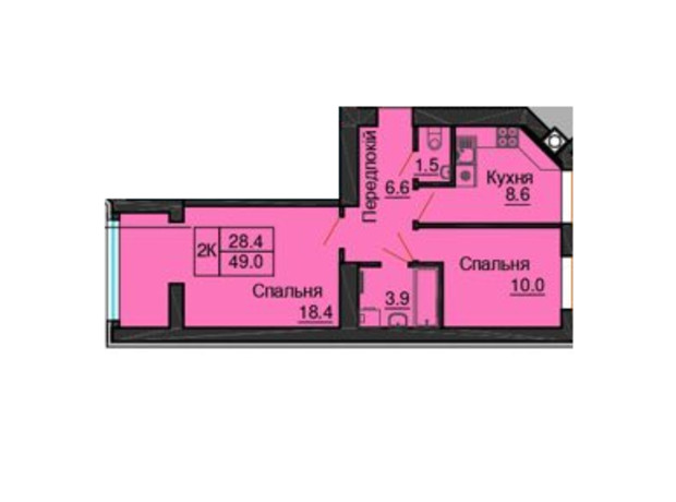 ЖК Sofia Nova: планування 2-кімнатної квартири 49 м²