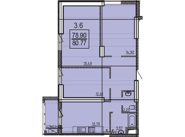 ЖК Посейдон: планування 3-кімнатної квартири 80.77 м²