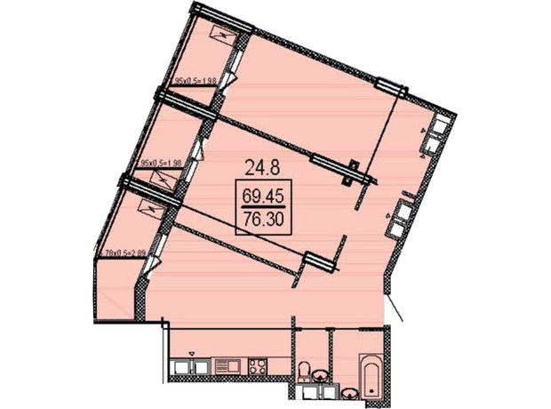 ЖК Посейдон: планування 2-кімнатної квартири 76.3 м²