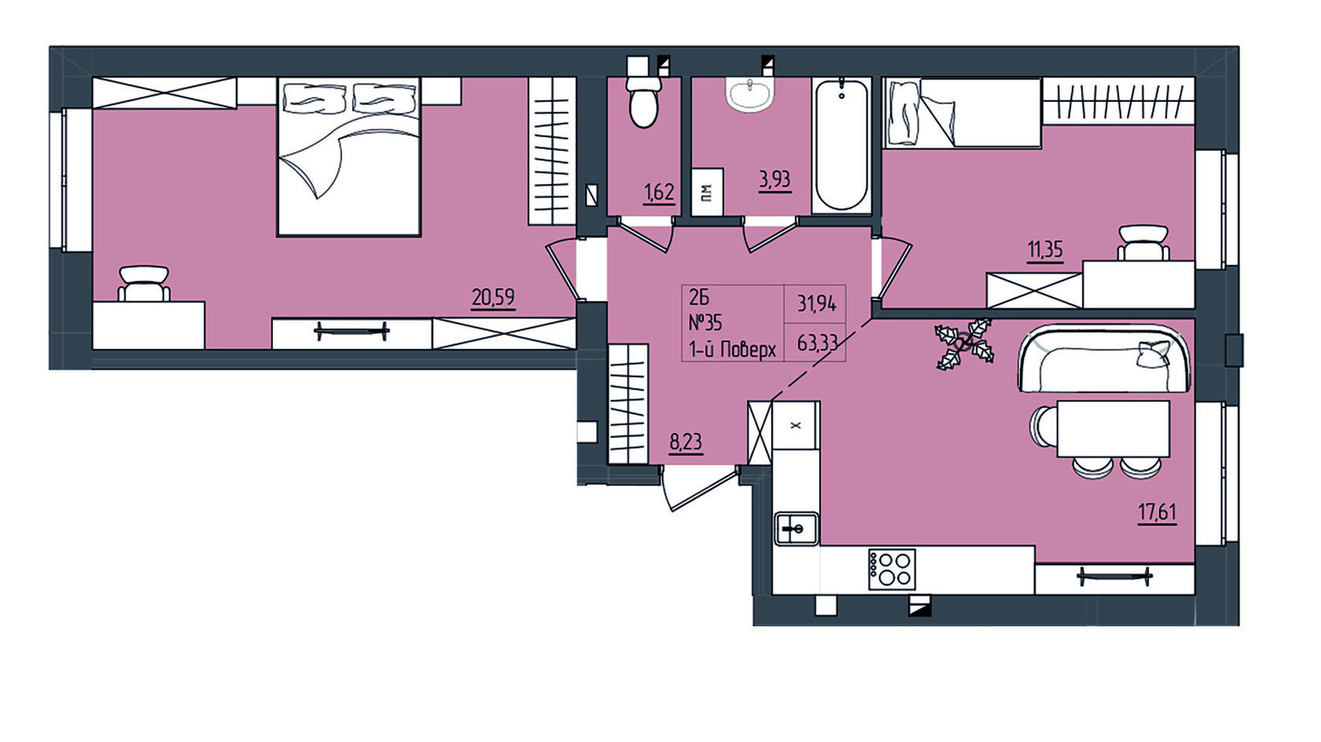Планування 2-кімнатної квартири в ЖК Субурбія 59.99 м², фото 623678