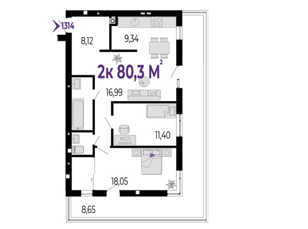 ЖК Долішній: планировка 2-комнатной квартиры 80.3 м²