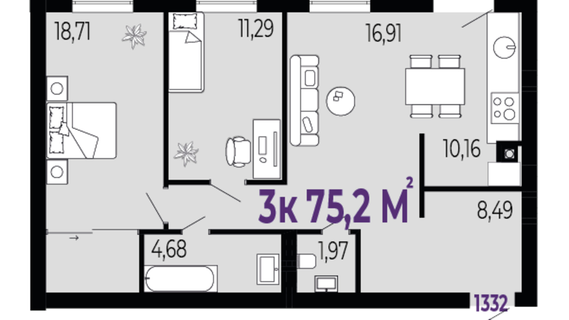 Планування 3-кімнатної квартири в ЖК Долішній 75.2 м², фото 623686
