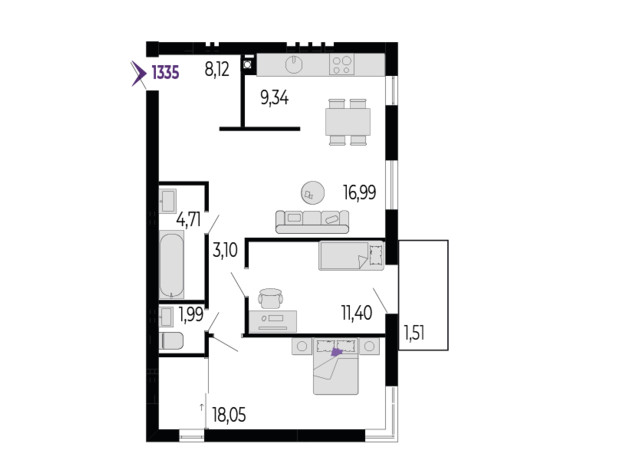 ЖК Долішній: планировка 3-комнатной квартиры 73.5 м²