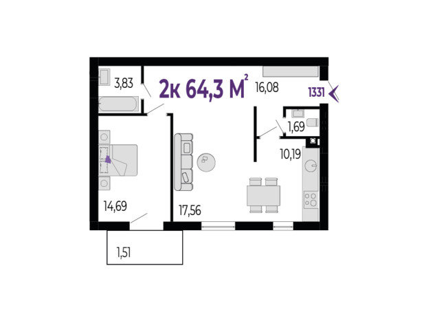 ЖК Долішній: планировка 2-комнатной квартиры 64.3 м²