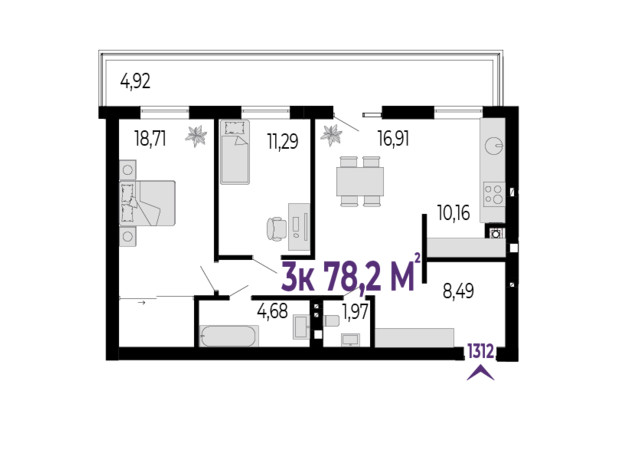 ЖК Долішній: планировка 3-комнатной квартиры 78.2 м²