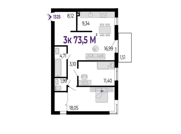 ЖК Долішній: планировка 3-комнатной квартиры 73.5 м²