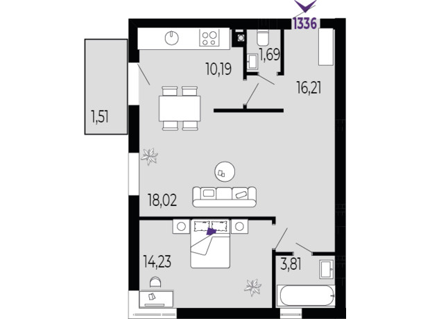 ЖК Долішній: планировка 2-комнатной квартиры 64.4 м²