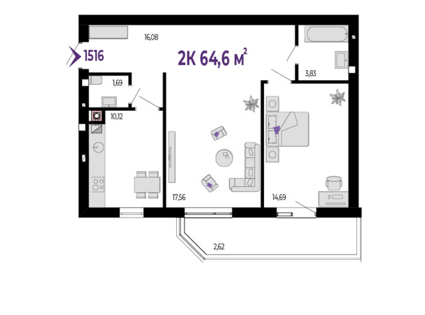 ЖК Долішній: планировка 2-комнатной квартиры 64.6 м²