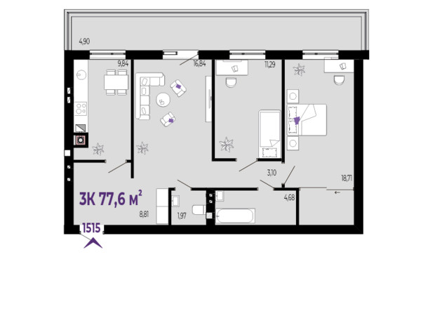ЖК Долішній: планировка 3-комнатной квартиры 77.6 м²