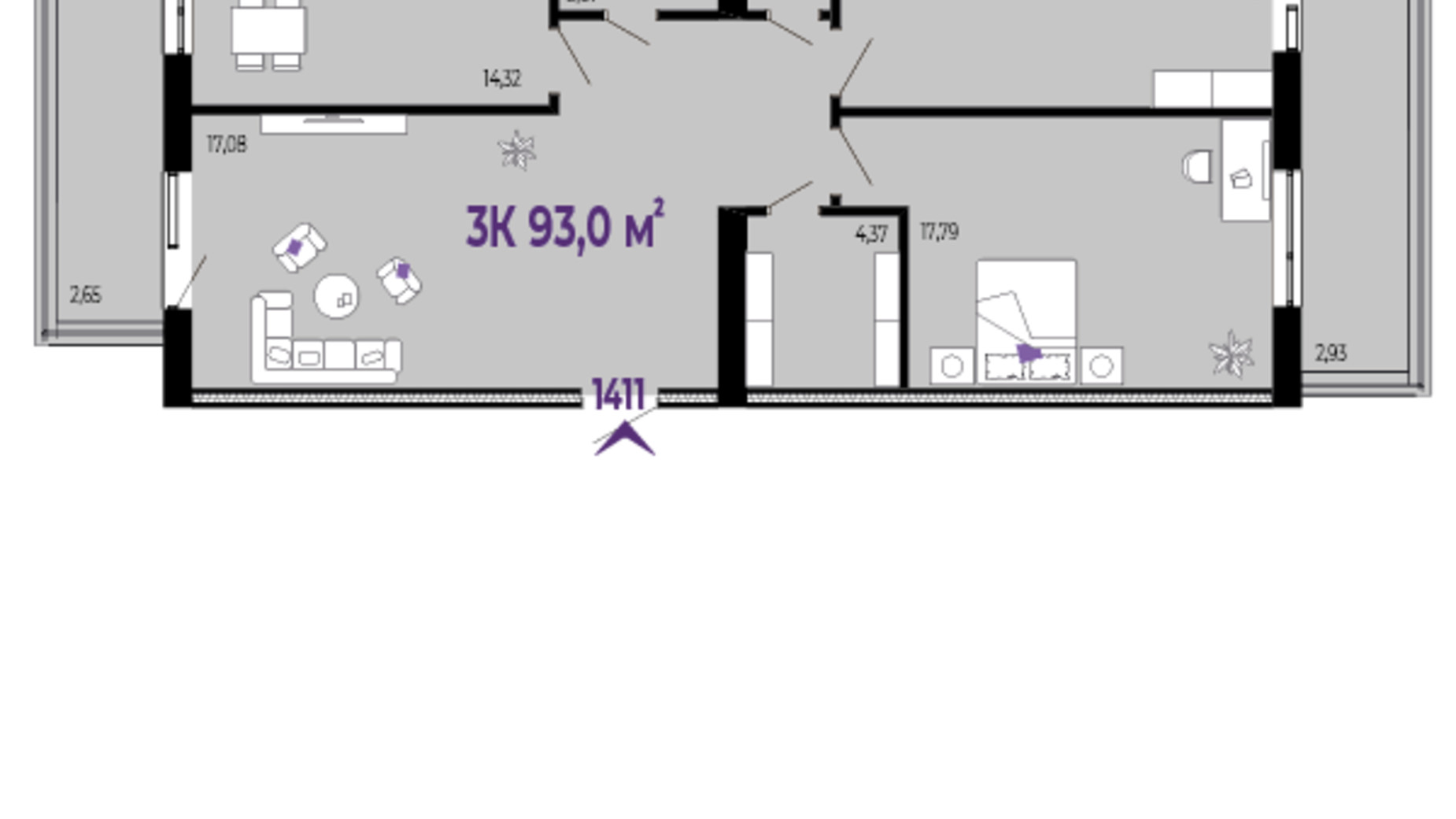 Планировка 3-комнатной квартиры в ЖК Долішній 93 м², фото 623711