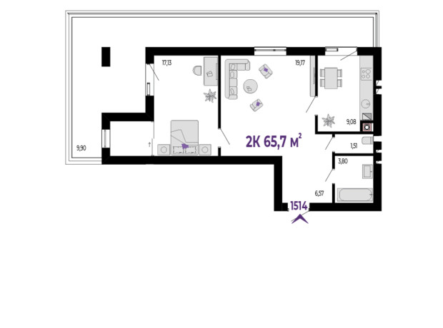ЖК Долішній: планировка 2-комнатной квартиры 65.7 м²