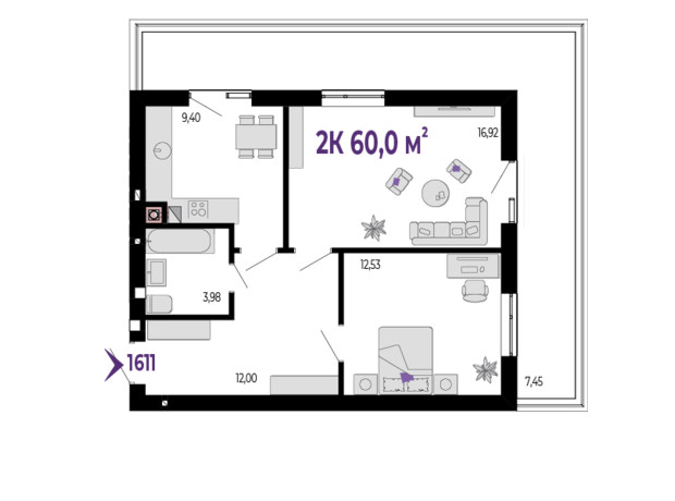 ЖК Долішній: планировка 2-комнатной квартиры 60 м²