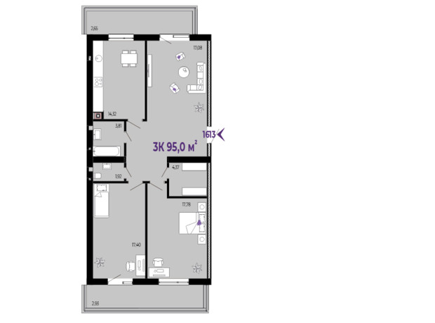 ЖК Долішній: планировка 3-комнатной квартиры 93 м²